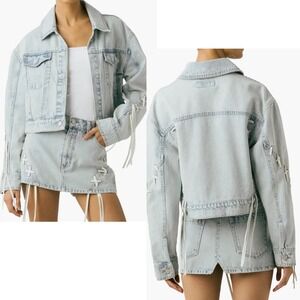 BlankNYC Tie Breaker Oversize Light Wash Lace Up Cropped Denim Jacket Sz XS